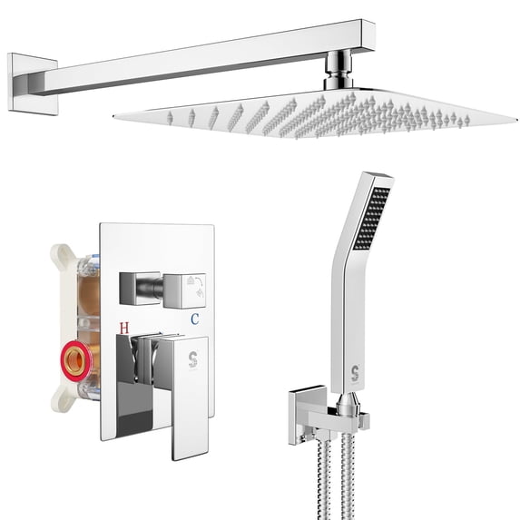 SR SUN RISE Wall-Mounted Rain Shower System with Hose, Rough-in Valve & Rainfall Head - Polished Chrome