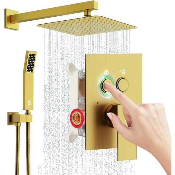 SR SUN RISE Shower System with Push Button Diverter Bathroom Luxury 10 Inch Rain Shower Head with Handheld Spray, High Pressure Shower Faucet Combo Set with Faucet Trim Repair Kits, Brushed Gold