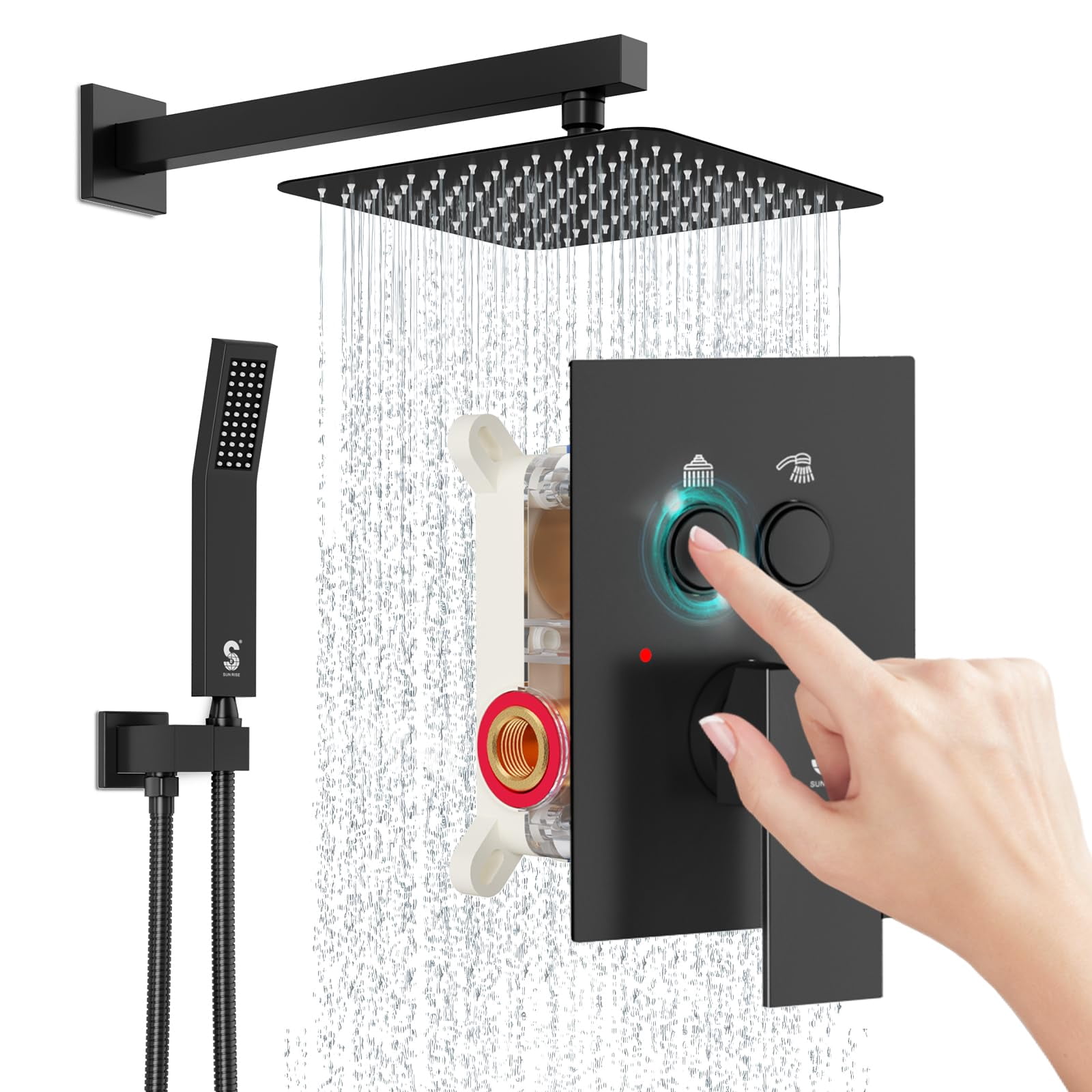 SR SUN RISE Shower System with Push Button Diverter, Wall Mounting Luxury 10 Inch Rain Shower Head with Handheld Spray, High Pressure Shower Faucet Combo Set with Rough-in Valve, Matte Black