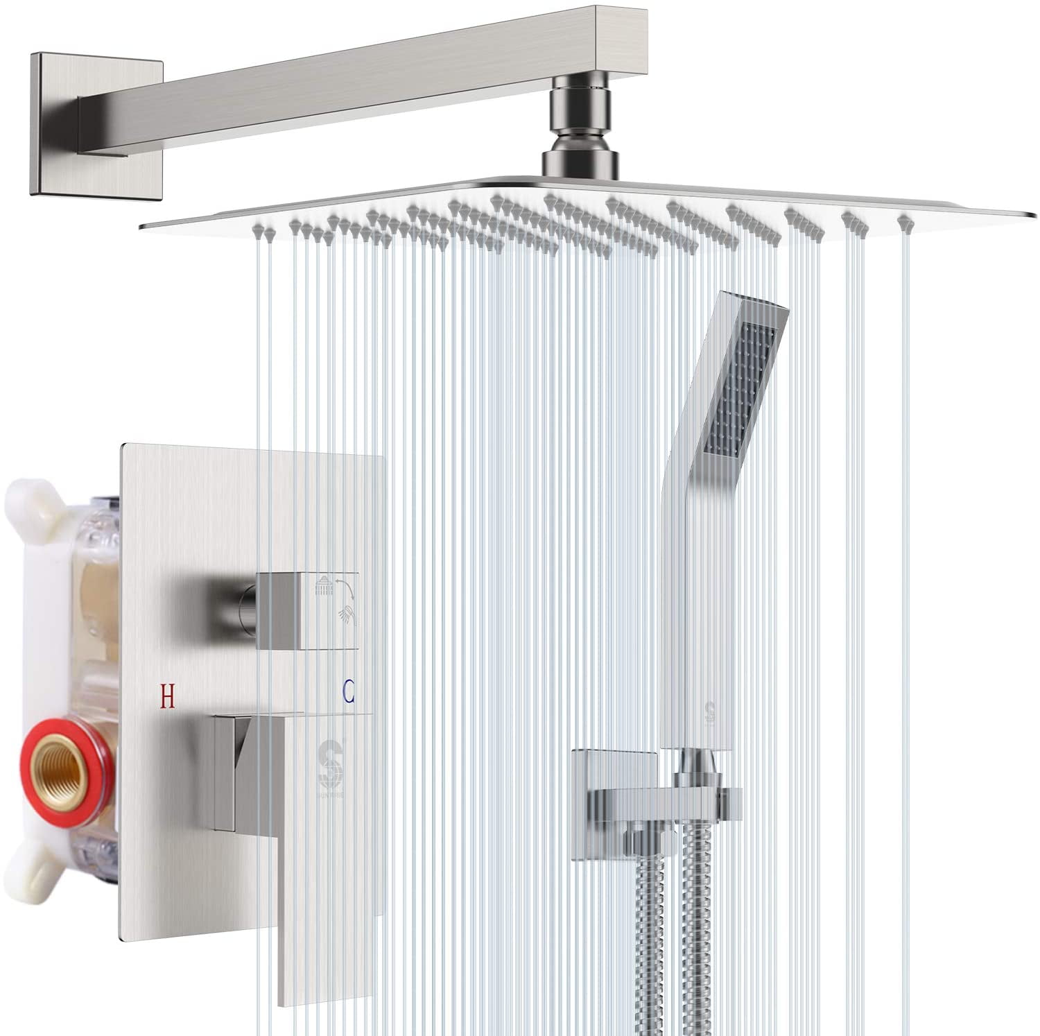 SR SUN RISE Shower System with Push Button Diverter, Ceiling Mounted Luxury 10 Inch Rain Shower Head with Handheld Spray, High Pressure Sho 並行輸入品