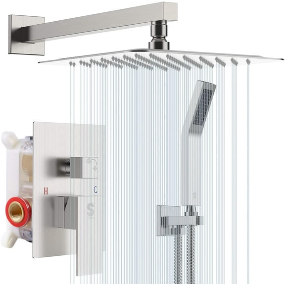 SR SUN RISE Shower System with 12 inch Rain Shower Head and Rough-in Valve Body and Trim Included,Brushed Nickel