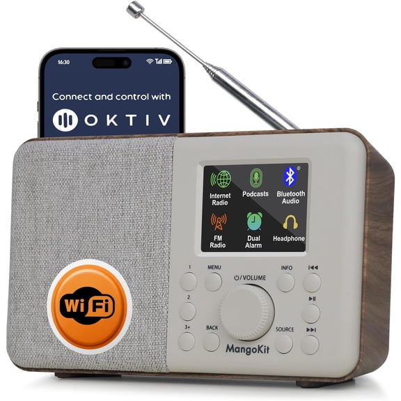 SR10 WiFi Internet Radio,Podcast Player, Bluetooth Speaker, Portable FM Radio, Mains and Battery Powered Color Display,Dual Alarms, Presets,App Control-Walnut
