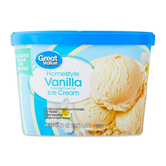 Great Value Homestyle 0 sugar, Vanilla Flavored Low Fat Ice Cream, 48 fl oz Tub