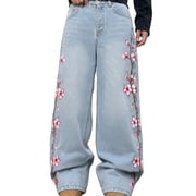 SRETOUU / Reppunk Men's Baggy Wide Leg Denim Pants, Light Wash Loose Jeans with Cherry Blossom Floral Print, High Waist Casual Streetwear Trousers