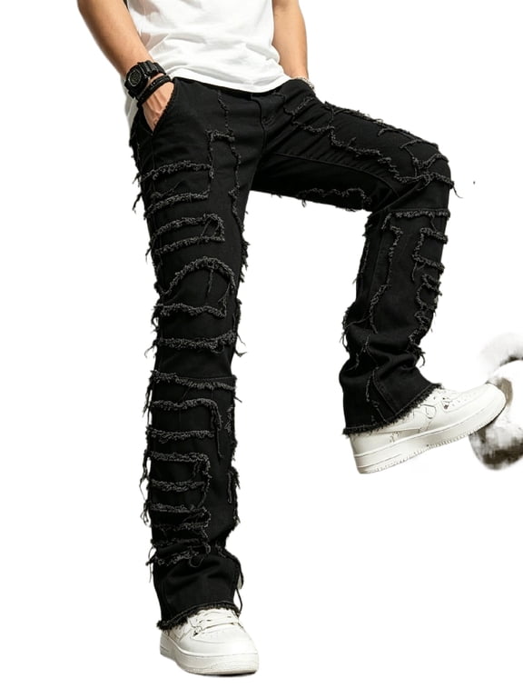 SRETOUU / Reppunk Men's Black Stacked Flare Jeans, Distressed Shaggy Frayed Patchwork Denim Pants, Bootcut Streetwear Pants