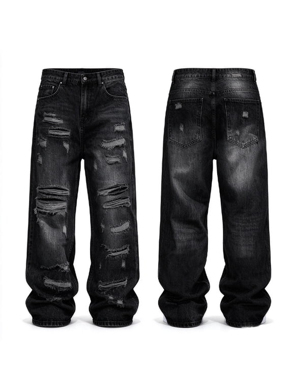 SRETOUU / Reppunk Men's Black Vintage Distressed Stacked Jeans, Ripped Patchwork Baggy Denim Pants, Loose Streetwear Denim Trousers for Men