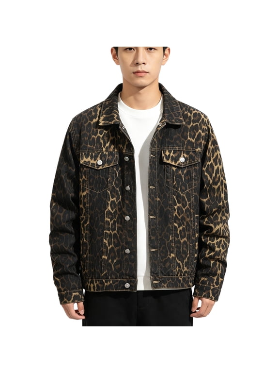 SRETOUU / Reppunk Men's Leopard Print Denim Trucker Jacket, Vintage Lapel Button Down Casual Outerwear, Hip Hop Streetwear Long Sleeve Coat