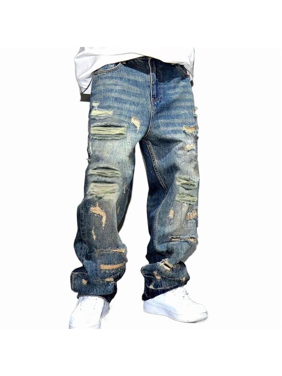 SRETOUU / Reppunk Men's Vintage Heavy Distressed Ripped Baggy Wide Leg Jeans, Worn Patch Frayed Washed Loose Denim Pants, Hip Hop Streetwear Casual Trousers