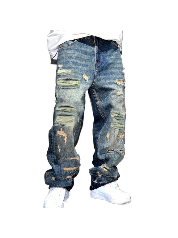 SRETOUU / Reppunk Men's Vintage Heavy Distressed Ripped Baggy Wide Leg Jeans, Worn Patch Frayed Washed Loose Denim Pants, Hip Hop Streetwear Casual Trousers
