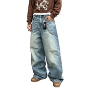 SRETOUU / Reppunk Mens Vintage Heavy Wash Baggy Wide Leg Jeans, Faded Whiskering Loose Denim Pants, High Waist Streetwear Trousers