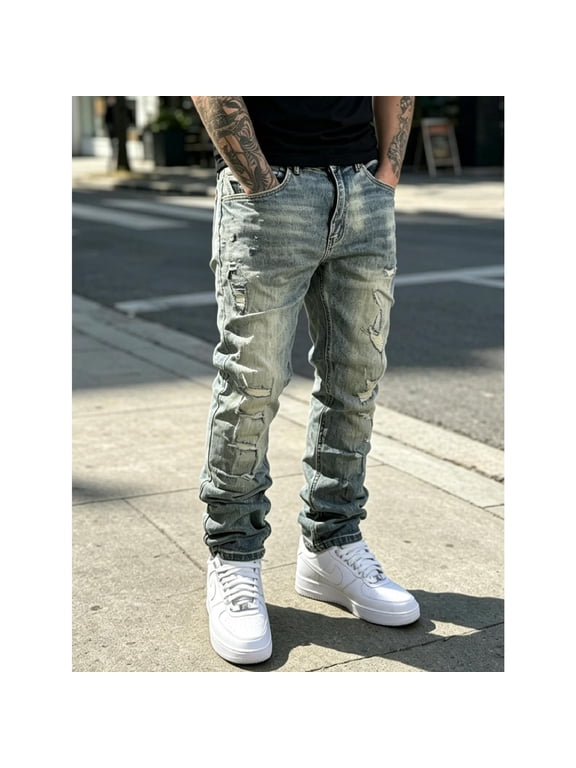 SRETOUU / Reppunk Men's Vintage Washed Distressed Ripped Straight‑Leg Denim Jeans, Casual Streetwear Denim Pants for Daily Wear