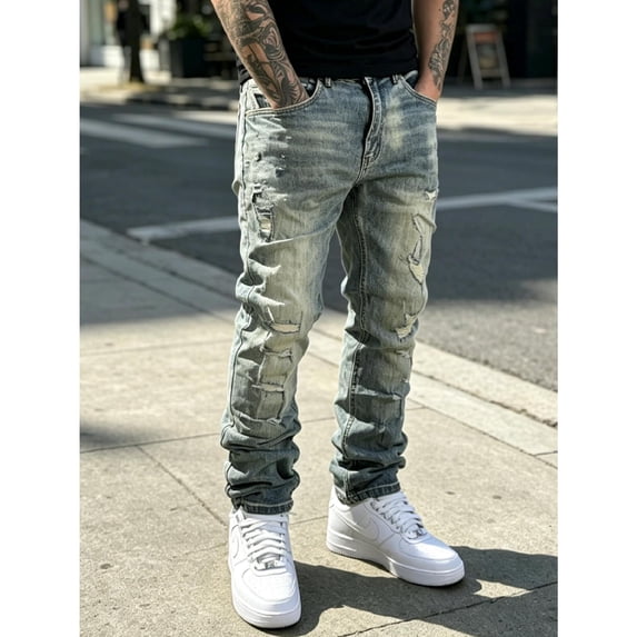 SRETOUU / Reppunk Men's Vintage Washed Distressed Ripped Straight‑Leg Denim Jeans, Casual Streetwear Denim Pants for Daily Wear