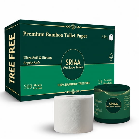 SRIAA Premium 100% Bamboo Tree-Free Toilet Paper, 24 Mega Rolls, 3-Ply, 300 Sheets per Roll, Septic Safe, Plastic Free, FSC Certified