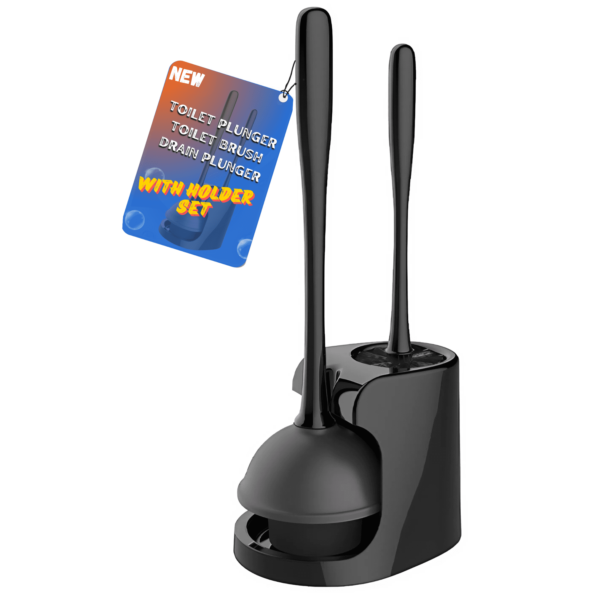 Black Toilet Brush and Plunger Set with Ventilated Holder