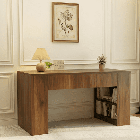 SRIAA Walnut Computer Desk – 47” Modern Wooden Workstation with Built-In Shelves & Front Drawer – Heavy-Duty 45kg Solid Build for Home Office & Study