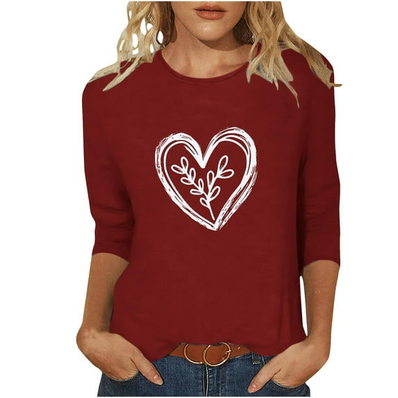 SRIPER Clearance,3/4 Sleeve Tops for Women,Floral Graphic T Shirt,Woman Clothes Under 10,Lightning Deals,Camisetas Mujer Clearance,Wine L