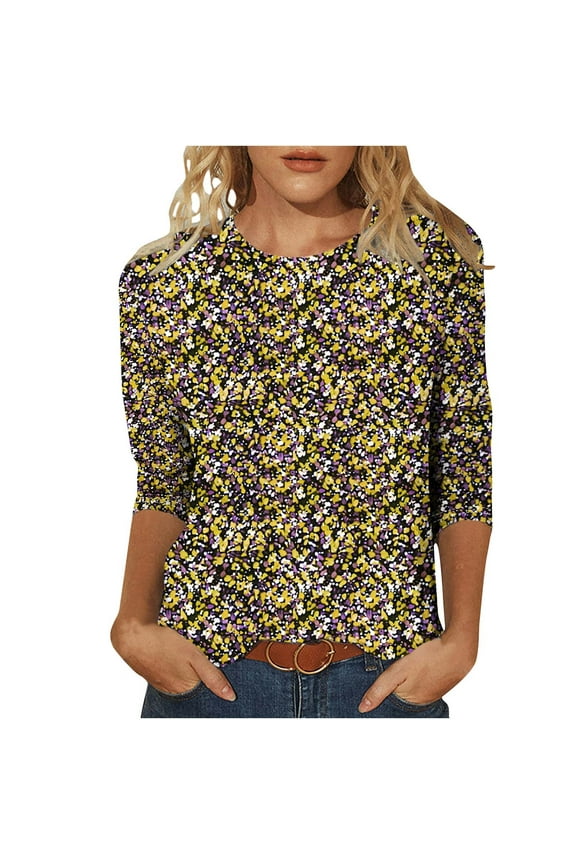 Ladies 3/4 Sleeve Blouse,Woman Clothes Under 10,Three Quarter Length Ladies Shirts,Liquidaciones De Camisetas Mujer ofertas,Yellow 2X