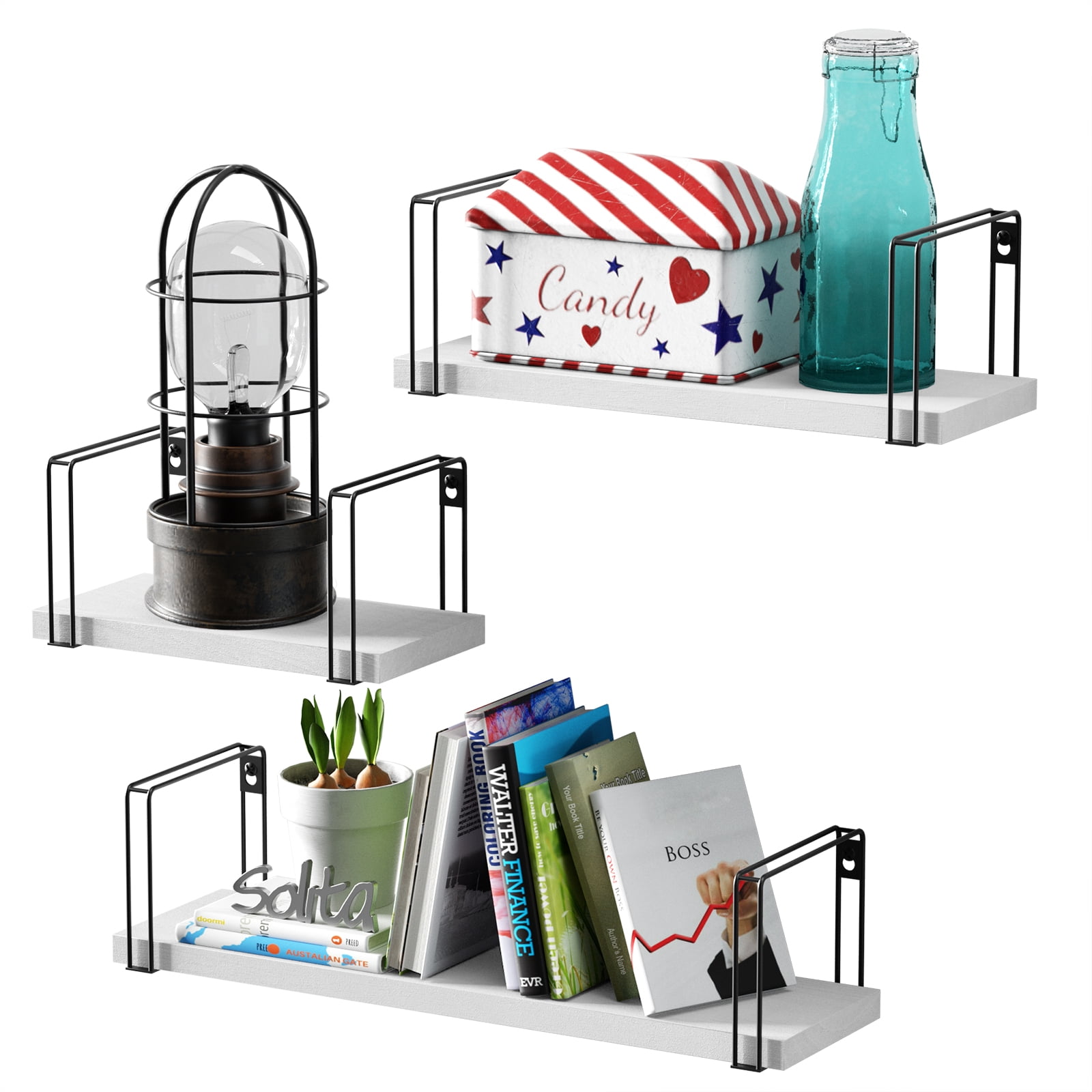 SRIWATANA Floating Shelves Wall Mounted Set of 3, Wood Stortage Shelves