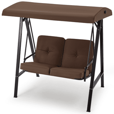 SRJUYK 3-Person Outdoor Patio Swing Chair w/ Adjustable Canopy Cover & Steel Frame, Dual-Purpose Design with Cushions, Pillow, and Side Tables