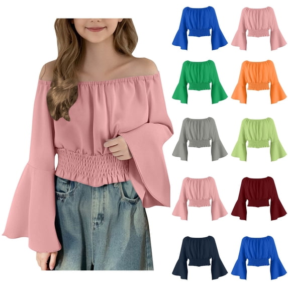 SROBPTY Big Girls Shirts Solid Crew Neck Long Sleeve Elastic Waist Tops for 5-15Y