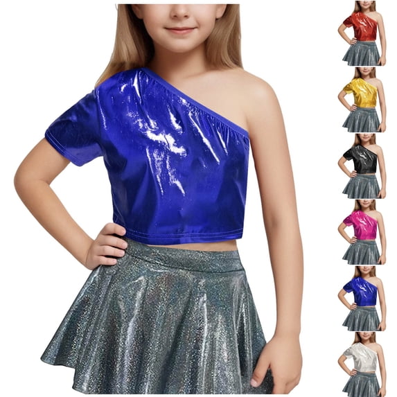 SROBPTY Big Kids Girls 3-16 Years Solid One Shoulder Crop Short Sleeve Tshirt Top Gold, 6-7 Years