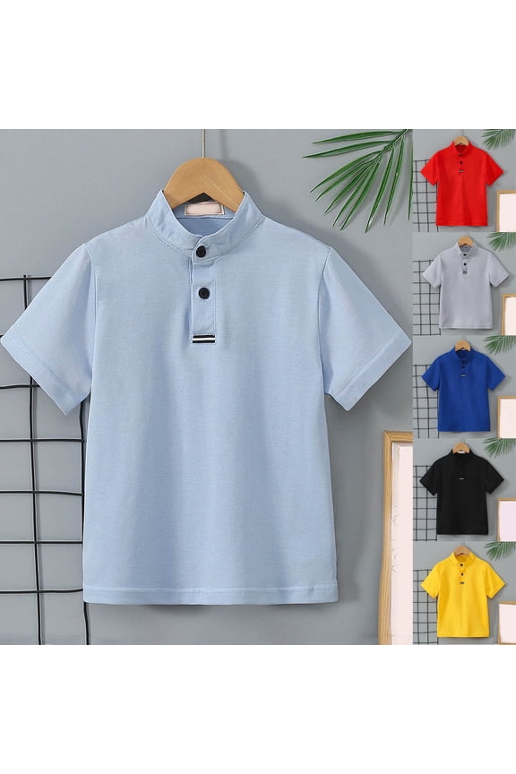 Teen Boys T-Shirts Solid Turn Down Neck Short Sleeve Button Breathable Summer Tops for Everyday Wear