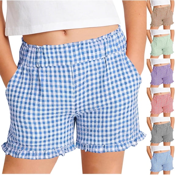 SROBPTY Boys and Girls 5-16 Years Plaid Ruffled Elastic Waist Adjustable Waist Shorts with Pockets Black, 11-12 Years