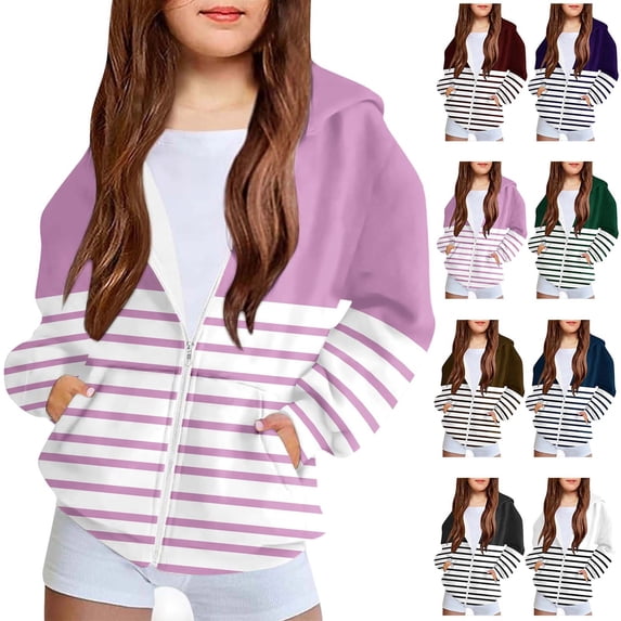 SROBPTY Kids Boys Girls Jackets Fall Print Stripe Hooded Zip Sweatshirt Outerwear for 4-12 Years