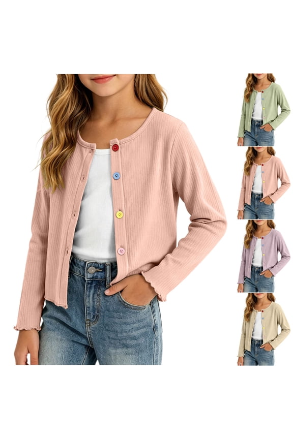 Child Girls Jacket Solid Crew Neck Button Front Long Sleeve with Ruffle for 0Y-9Y