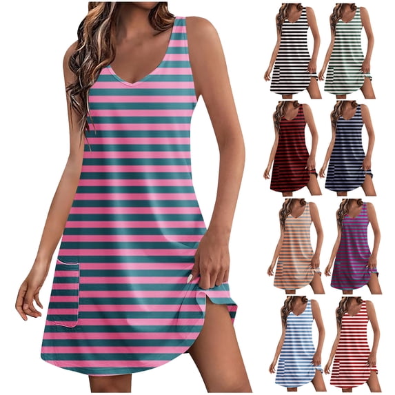 SROBPTY Women Dresses Print Sleeveless Crew Neck Mid-Length Sundress with Pockets