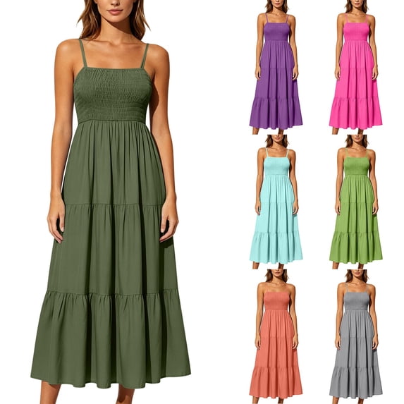 SROBPTY Dresses for Women Solid Cami Crew Neck Loose Bohemian Long Sundress for Outdoor Use