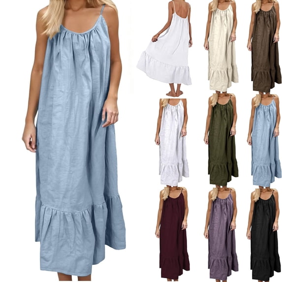 SROBPTY Summer Dresses for Women Solid Spaghetti Strap Ruffle Midi Beach