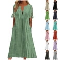 thumbnail image 1 of SROBPTY Dresses for Women Solid Short Sleeve V Neck Drawstring Long Sundress for Casual Wear, 1 of 5