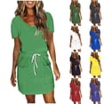 thumbnail image 1 of SROBPTY Summer Dresses for Women Solid V Neck Short Sleeve Pockets Drawstring Casual, 1 of 5