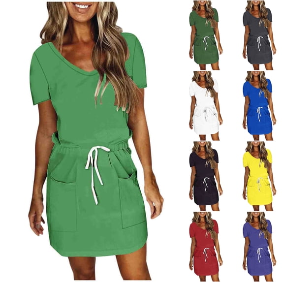 SROBPTY Summer Dresses for Women Solid V Neck Short Sleeve Pockets Drawstring Casual