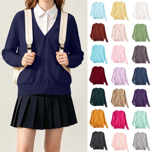 SROBPTY Fall Winter Button Sweaters for Teen Girls V-Neck Long Sleeve Solid Top