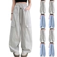 thumbnail image 1 of SROBPTY Fall Winter Cargo Pants for Teens Girls Solid Elastic Waist Wide Leg Drawstring with Pockets, 1 of 4