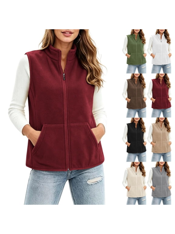 Fall Winter Fleece Duster Waistcoat Sleeveless for Women Solid Zip up Outerwear with Pocket