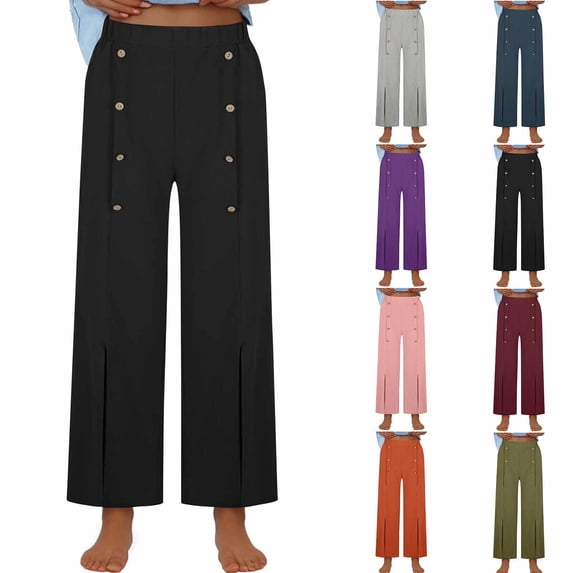 SROBPTY Fall Winter Pants for Womens Solid Wide-Leg Button Bottoms