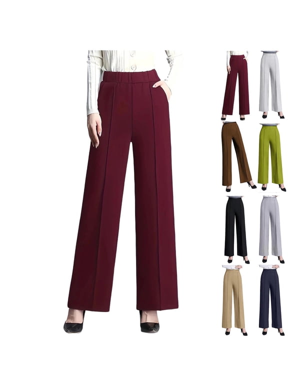 Fall Winter Pants for Womens Wide-Leg Elastic High Waist Pocket Solid Bottoms