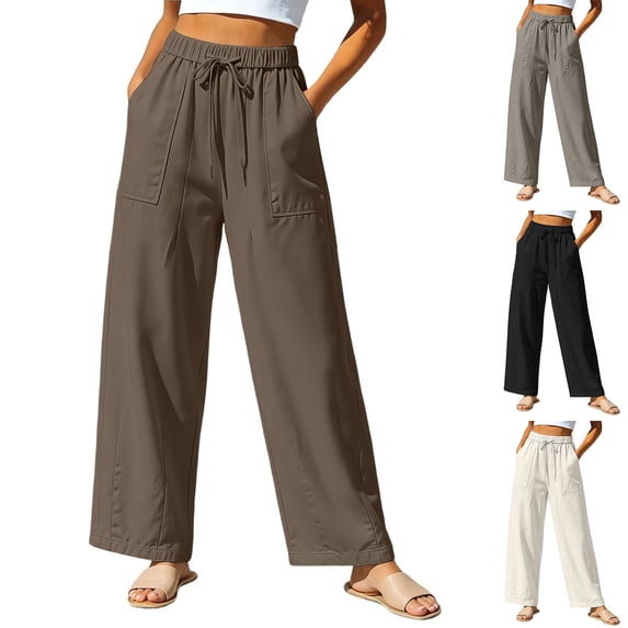 SROBPTY Fall Winter Plus Size Womens Pants Solid Drawstring High Waist Wide-Leg Bottoms with Pocket