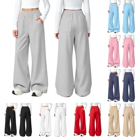 SROBPTY Fall Winter Teens Boys Girls Sweatpants Solid Elastic Waist Fleece Wide Leg with Pockets