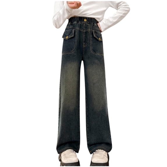 SROBPTY Fall Winter Teens Girls Pants Denim Straight Wide Leg Basic