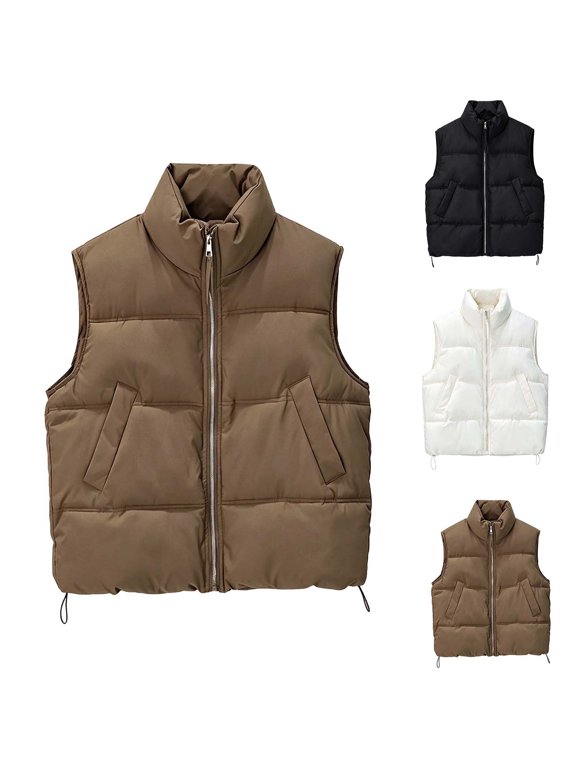 Fall Winter Women Sleeveless Duster Waistcoat Solid Zip up Warm Outerwear with Pocket