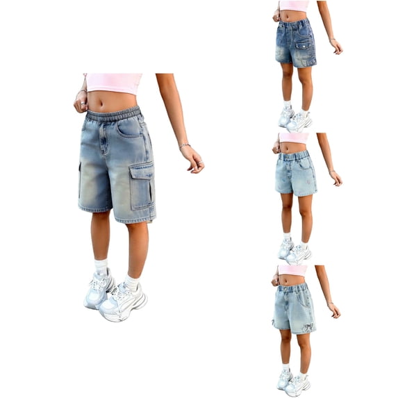 SROBPTY Girls 5-15 Years Bow Print Denim Shorts Lightweight Casual Outdoor Wear Blue, 9-10 Years