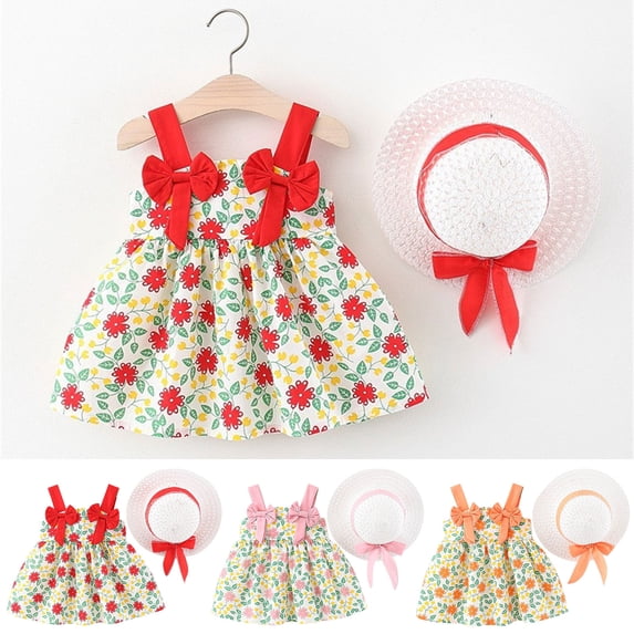 SROBPTY Girls Summer Dress Print Casual Breathable Crew Neck Spaghetti Strap Sundress for Daily Wear 6 Months -3 Years