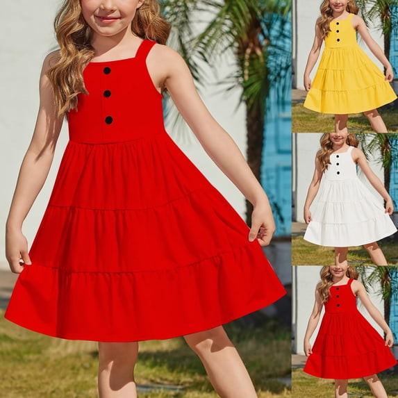 SROBPTY Girls Summer Dress Solid Crew Neck with Pocket Sleeveless Mid-Length Sundress for 2-12 Years