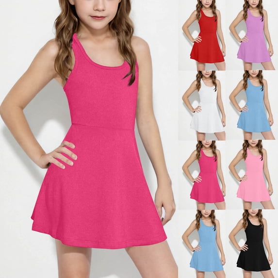 SROBPTY Girls Summer Dress Solid Fashion Lightweight Crew Neck Cami Sundress for Daily Use 4-15 Years