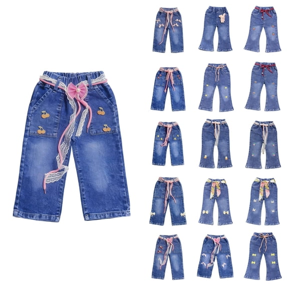 SROBPTY Girls Summer Pants Cute Denim Flare Leggings Elastic Waist for Casual Wear 2-8 Years