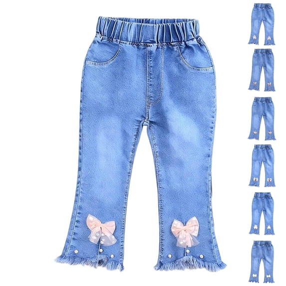 SROBPTY Girls Summer Pants Solid Cute Denim Flare Leggings Elastic Waist for Daily Use 4-12 Years